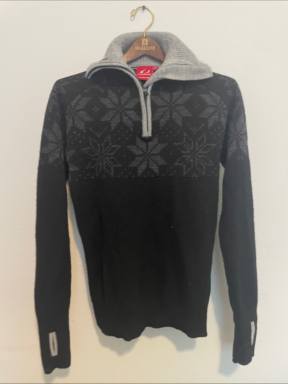 Quarter-Zip Women's Black and Gray Snowflake Knit Sweater